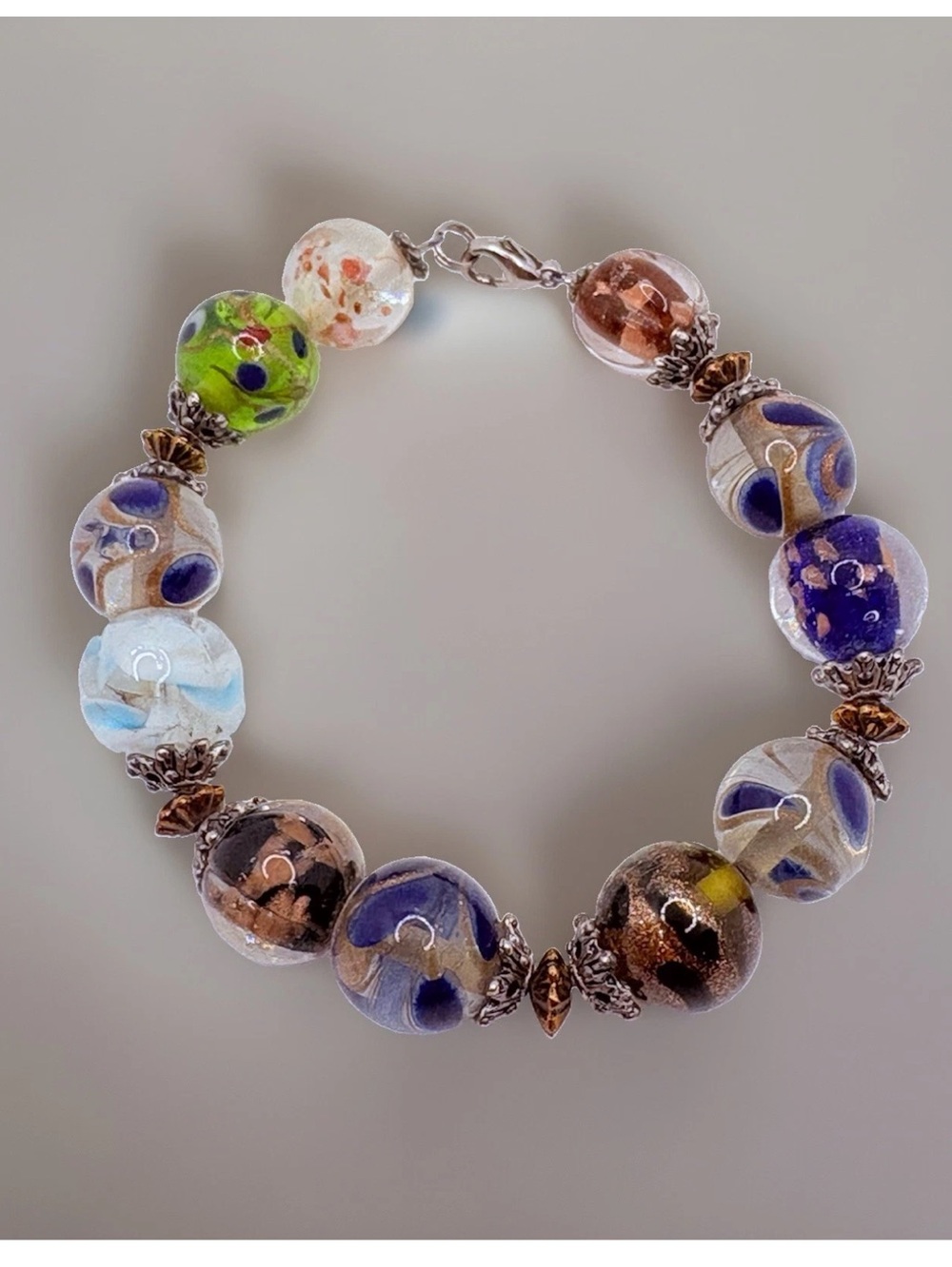 Vintage Round Foiled Art Glass Bead Bracelet Multicolor Silver Tone 7”